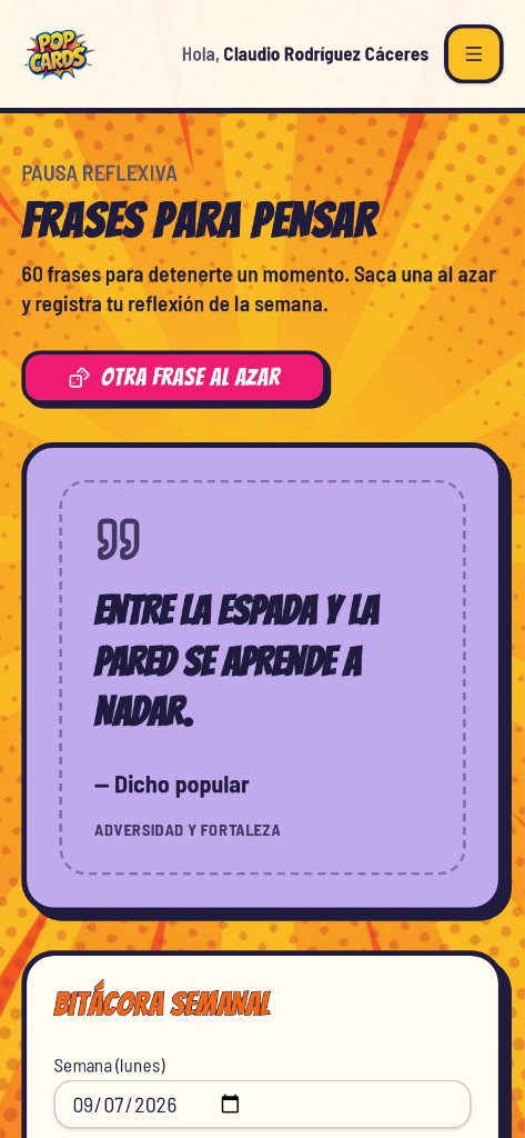 Sección Frases para pensar con bitácora semanal