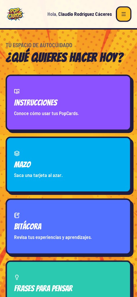Pantalla de inicio de PopCards con instrucciones, mazo, bitácora y frases